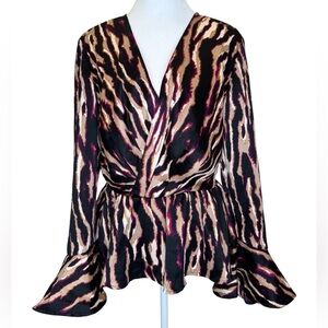Sofia Vergara Purple Abstract Animal Bell Sleeve Peplum Top S